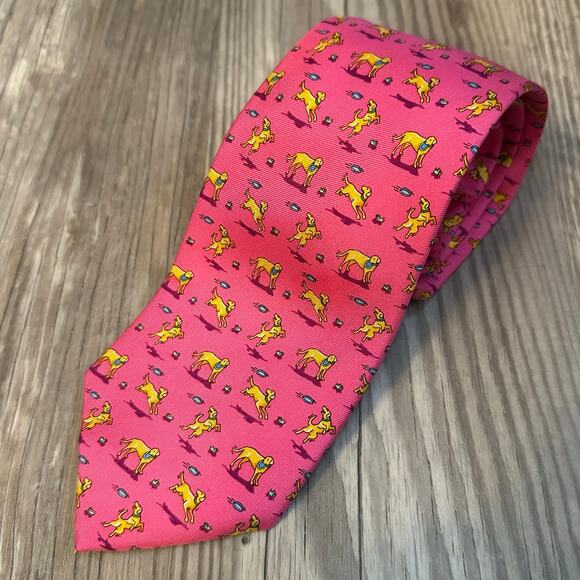 Bird Dog Bay Men’s  Necktie Dog Tricks Pink Yellow Silk - Picture 1 of 6